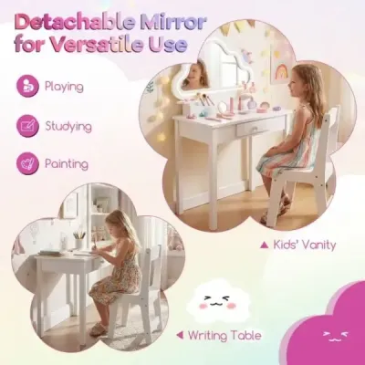 Dětský toaletní stolek s osvětlením, zrcadlo s motivem mraků, 3 háčky na šperky, pro děti ve věku 3–6 let, bílý
