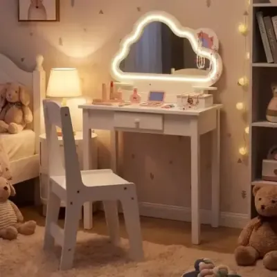 Dětský toaletní stolek s osvětlením, zrcadlo s motivem mraků, 3 háčky na šperky, pro děti ve věku 3–6 let, bílý