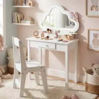 Dětský toaletní stolek s osvětlením, zrcadlo s motivem mraků, 3 háčky na šperky, pro děti ve věku 3–6 let, bílý