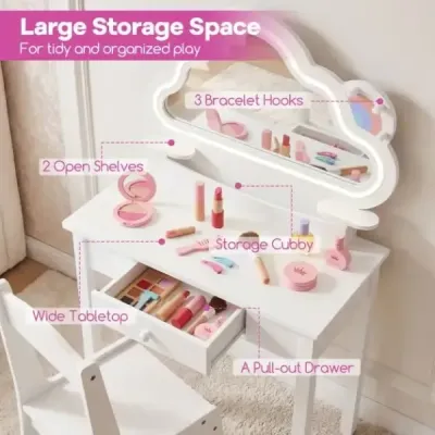 Dětský toaletní stolek s osvětlením, zrcadlo s motivem mraků, 3 háčky na šperky, pro děti ve věku 3–6 let, bílý
