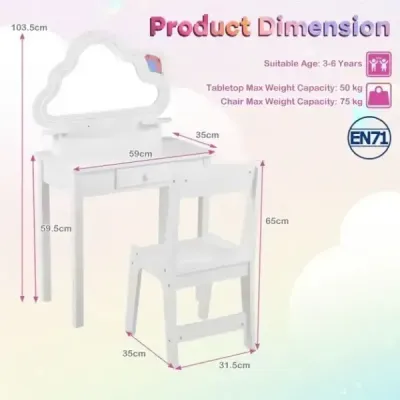 Dětský toaletní stolek s osvětlením, zrcadlo s motivem mraků, 3 háčky na šperky, pro děti ve věku 3–6 let, bílý