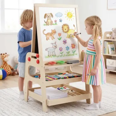 Oboustranný dřevěný malířský stojan pro děti s magnetickou tabulí pro děti od 3 let
