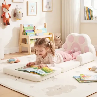 Dětská pohovka 2 v 1, dětské křeslo, rozkládací dětská pohovka s odnímatelným potahem v designu medvědí tlapky, růžová