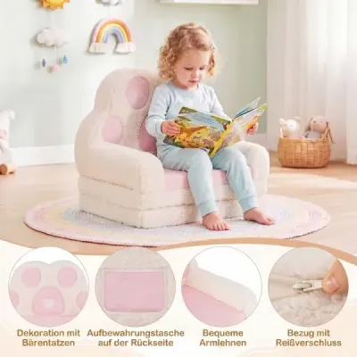 Dětská pohovka 2 v 1, dětské křeslo, rozkládací dětská pohovka s odnímatelným potahem v designu medvědí tlapky, růžová