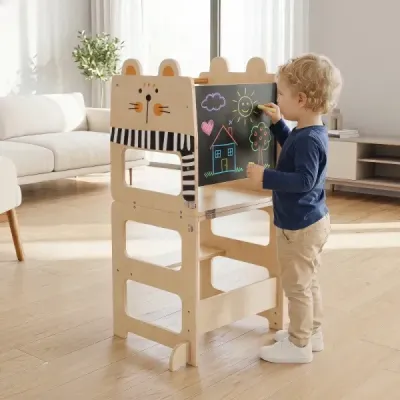 Skládací dřevěná vzdělávací věž 3 v 1, nosnost do 50 kg, pro děti od 18 měsíců, 63 x 39 x 93,5 cm, přírodní