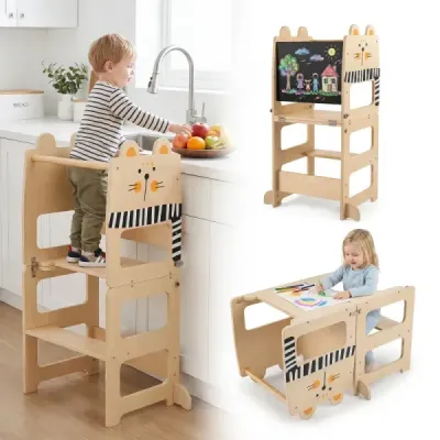 Skládací dřevěná vzdělávací věž 3 v 1, nosnost do 50 kg, pro děti od 18 měsíců, 63 x 39 x 93,5 cm, přírodní