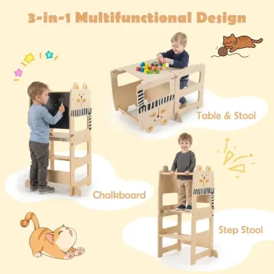 Skládací dřevěná vzdělávací věž 3 v 1, nosnost do 50 kg, pro děti od 18 měsíců, 63 x 39 x 93,5 cm, přírodní