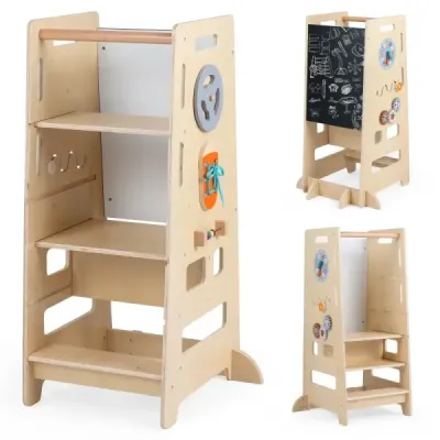Dřevěná stupátková stolička s dvojitým nastavením výšky, 4 v 1, Montessori výuková věž, 52 x 50 x 89 cm, přírodní