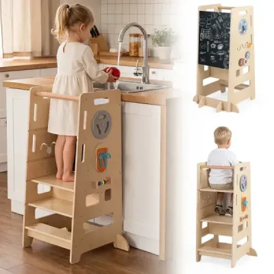 Dřevěná stupátková stolička s dvojitým nastavením výšky, 4 v 1, Montessori výuková věž, 52 x 50 x 89 cm, přírodní