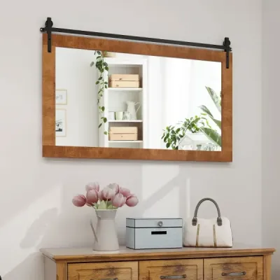 Obdélníkové zrcadlo s dřevěným rámem Rustikální nástěnné zrcadlo Nerozbitné závěsné zrcadlo Hnědá barva