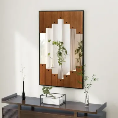 Obdélníkové zrcadlo s dřevěným rámem 60 x 95 cm rustikální nástěnné zrcadlo s obousměrnými háčky