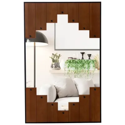 Obdélníkové zrcadlo s dřevěným rámem 60 x 95 cm rustikální nástěnné zrcadlo s obousměrnými háčky