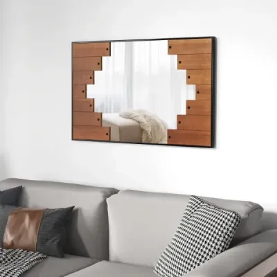 Obdélníkové zrcadlo s dřevěným rámem 60 x 95 cm rustikální nástěnné zrcadlo s obousměrnými háčky