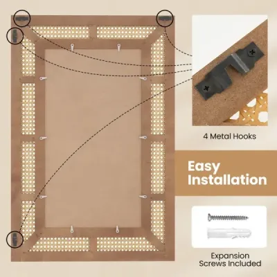 Ratanové obdélníkové nástěnné zrcadlo s dřevěným rámem a háčky Dekorativní zrcadlo na zeď