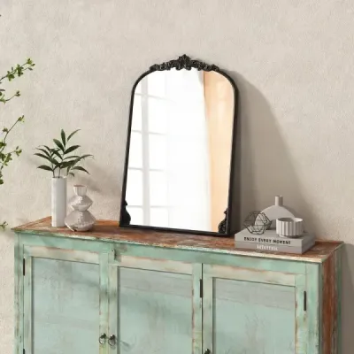 Nástěnné zrcadlo, zlaté, tradiční vintage barokní zrcadlo, starožitné klenuté zrcadlo, 90 cm x 61 cm, černé