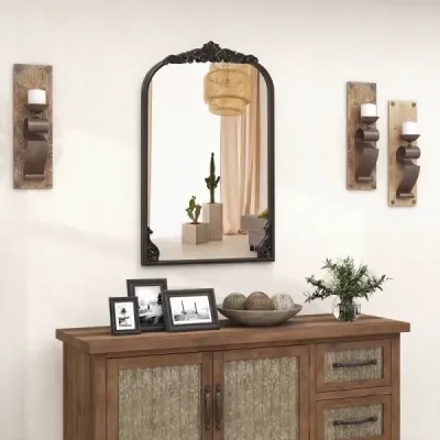 Nástěnné zrcadlo, zlaté, tradiční vintage barokní zrcadlo, starožitné klenuté zrcadlo, 90 cm x 61 cm, černé