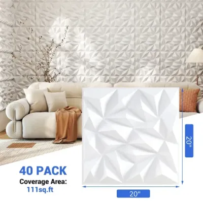 40 kusů 3D nástěnných panelů diamant 50 x 50 cm nástěnné obklady dekorace na zeď bílá 10m²