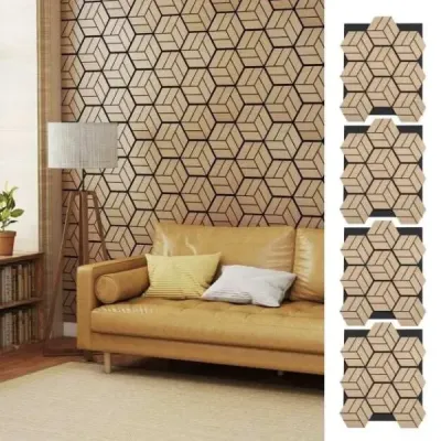 4 akustické stěnové panely s 9 šestihrannými dřevěnými panely, zvukově pohlcující panely