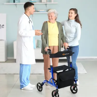 2 v 1 polohovatelná židle a cestovní rolátor se sedadlem a taškou a držákem na třtinu a 2 brzdami na chůzi modrá