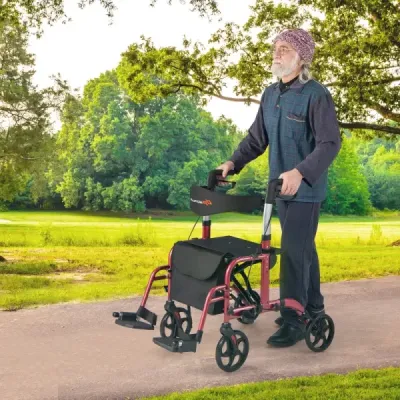 Rollator skládací a lehký se sedadlem 2 v 1 invalidní vozík a cestovní rollator Lehký červený