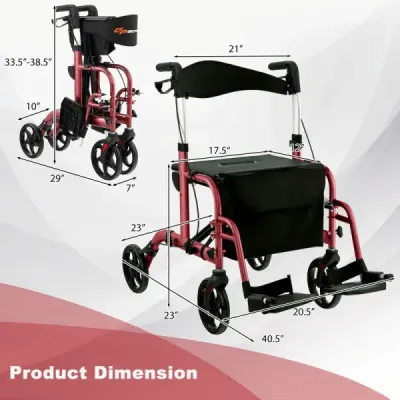 Rollator skládací a lehký se sedadlem 2 v 1 invalidní vozík a cestovní rollator Lehký červený