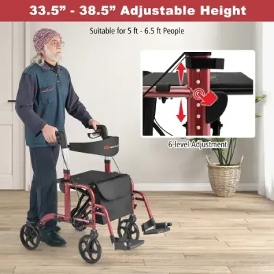 Rollator skládací a lehký se sedadlem 2 v 1 invalidní vozík a cestovní rollator Lehký červený