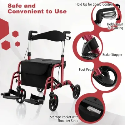 Rollator skládací a lehký se sedadlem 2 v 1 invalidní vozík a cestovní rollator Lehký červený