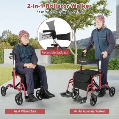 Rollator skládací a lehký se sedadlem 2 v 1 invalidní vozík a cestovní rollator Lehký červený