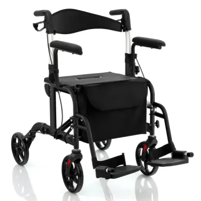 2v1 invalidní vozík a cestovní chodítko s taškou, dvojitými brzdami a držákem na hůl, pomůckou pro chůzi, kolečkovým hůlkem