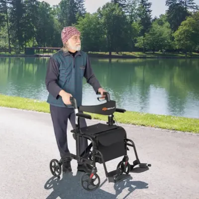 2v1 invalidní vozík a cestovní chodítko s taškou, dvojitými brzdami a držákem na hůl, pomůckou pro chůzi, kolečkovým hůlkem