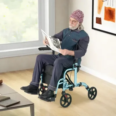 Rollator skládací a lehký se sedadlem 2 v 1 invalidní vozík a cestovní rollator pomůcka pro chůzi 6-poziční výškově nastavitelná modrá