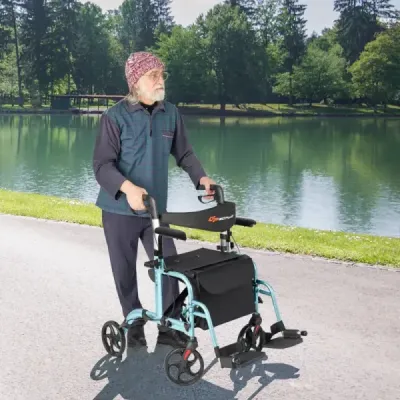 Rollator skládací a lehký se sedadlem 2 v 1 invalidní vozík a cestovní rollator pomůcka pro chůzi 6-poziční výškově nastavitelná modrá