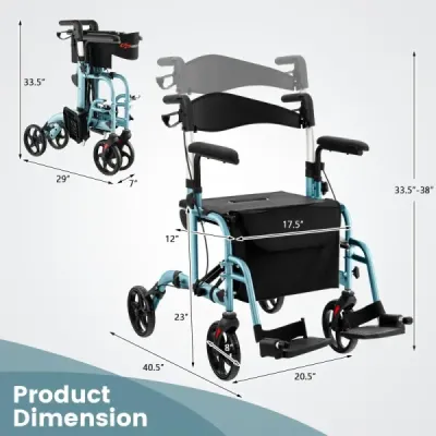 Rollator skládací a lehký se sedadlem 2 v 1 invalidní vozík a cestovní rollator pomůcka pro chůzi 6-poziční výškově nastavitelná modrá