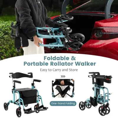 Rollator skládací a lehký se sedadlem 2 v 1 invalidní vozík a cestovní rollator pomůcka pro chůzi 6-poziční výškově nastavitelná modrá