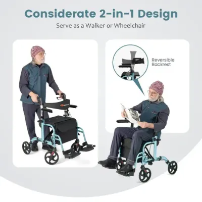 Rollator skládací a lehký se sedadlem 2 v 1 invalidní vozík a cestovní rollator pomůcka pro chůzi 6-poziční výškově nastavitelná modrá
