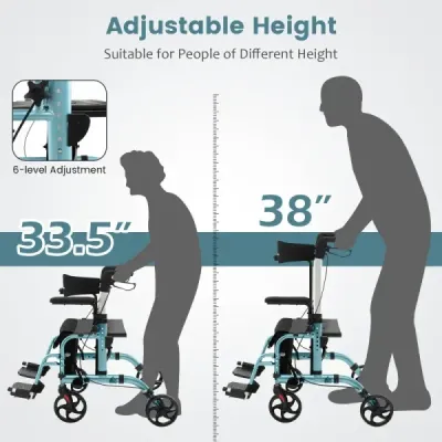 Rollator skládací a lehký se sedadlem 2 v 1 invalidní vozík a cestovní rollator pomůcka pro chůzi 6-poziční výškově nastavitelná modrá