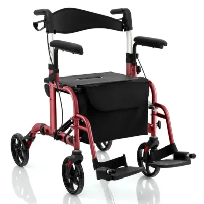2 v 1 invalidní vozík a cestovní vozík s taškou a dvojitými brzdami a držákem na hůl Chodící rám Rollator Red