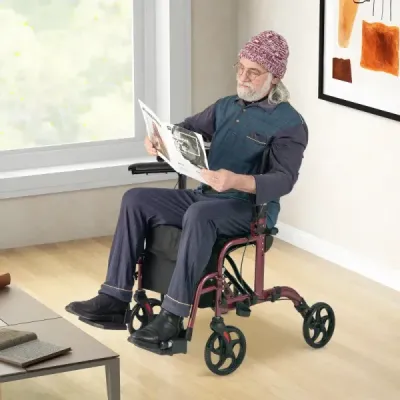 2 v 1 invalidní vozík a cestovní vozík s taškou a dvojitými brzdami a držákem na hůl Chodící rám Rollator Red