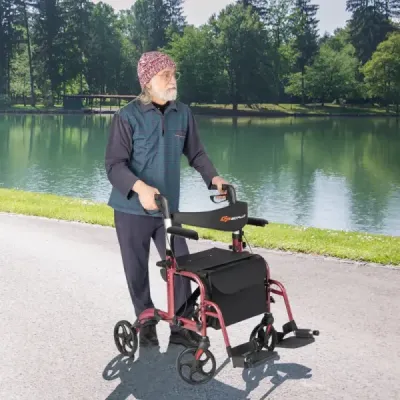 2 v 1 invalidní vozík a cestovní vozík s taškou a dvojitými brzdami a držákem na hůl Chodící rám Rollator Red