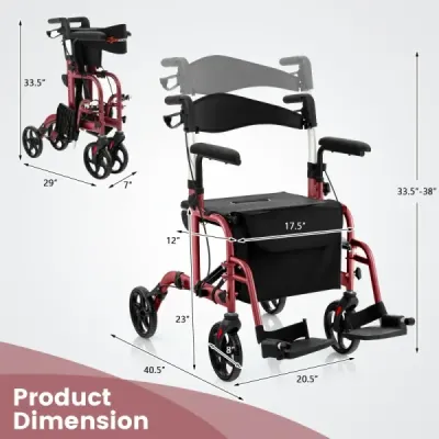 2 v 1 invalidní vozík a cestovní vozík s taškou a dvojitými brzdami a držákem na hůl Chodící rám Rollator Red