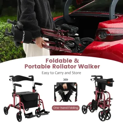 2 v 1 invalidní vozík a cestovní vozík s taškou a dvojitými brzdami a držákem na hůl Chodící rám Rollator Red