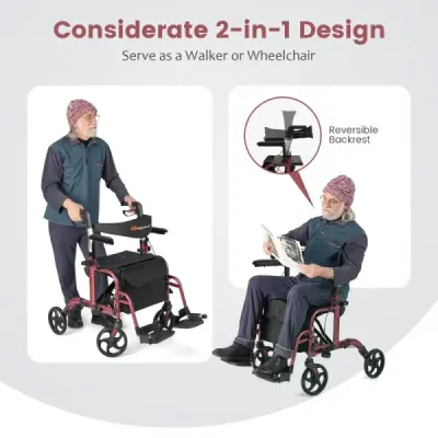 2 v 1 invalidní vozík a cestovní vozík s taškou a dvojitými brzdami a držákem na hůl Chodící rám Rollator Red