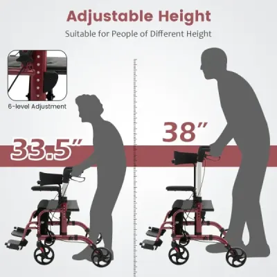 2 v 1 invalidní vozík a cestovní vozík s taškou a dvojitými brzdami a držákem na hůl Chodící rám Rollator Red