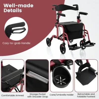 2 v 1 invalidní vozík a cestovní vozík s taškou a dvojitými brzdami a držákem na hůl Chodící rám Rollator Red