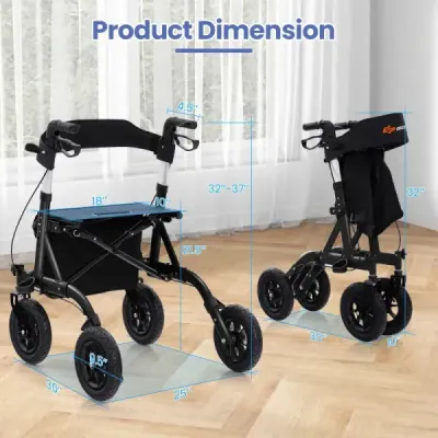 Rollator skládací a lehký s hliníkovým sedadlem do 160 kg Invalidní vozík 2 v 1 a cestovní rolátor černý
