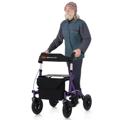 Rollator skládací a lehký se sedadlem z hliníku do 160 kg Invalidní vozík 2 v 1 a cestovní rolátor fialový