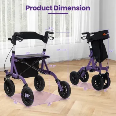 Rollator skládací a lehký se sedadlem z hliníku do 160 kg Invalidní vozík 2 v 1 a cestovní rolátor fialový