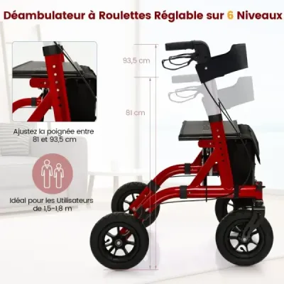 Rollator skládací a lehký se sedadlem hliníkový do 160 kg 2 v 1 invalidní vozík a cestovní rollator červený