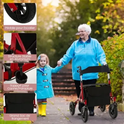 Rollator skládací a lehký se sedadlem hliníkový do 160 kg 2 v 1 invalidní vozík a cestovní rollator červený