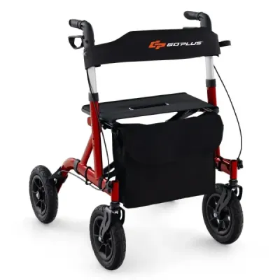 Rollator skládací a lehký se sedadlem hliníkový do 160 kg 2 v 1 invalidní vozík a cestovní rollator červený